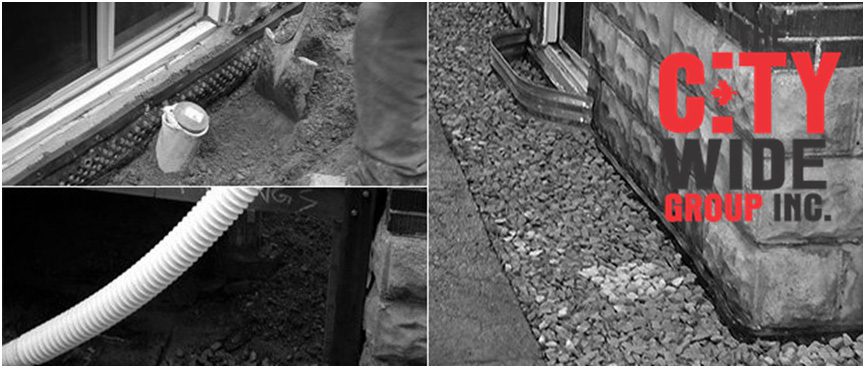 Three black and white images showing construction work on building foundations. Top-left: drainage setup near a window well. Bottom-left: a white pipe near a foundation. Right: gravel layer next to a building. Logo reads City Wide Group Inc. Waterproofing Company | Basement Leak Repair | City Wide Group | Professional waterproofing company and basement leak repair in Toronto since 1961. | https://www.citywidegroup.com | +1 416-283-5500