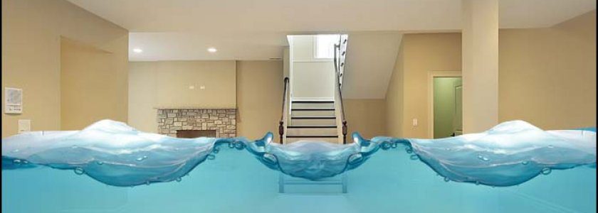 A room partially flooded with clear blue water, showing ripples and waves. The water covers half of the stairs leading up, with beige walls, a fireplace, and a closed door visible in the background. Waterproofing Company | Basement Leak Repair | City Wide Group | Professional waterproofing company and basement leak repair in Toronto since 1961. | https://www.citywidegroup.com | +1 416-283-5500