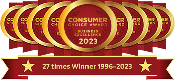 Seven overlapping gold and red medals read Consumers Choice Awards for Business Excellence 2023. A red banner below proudly displays City Wide Group: 27 Times Winner 1996–2023, with stars adorning the sides. Waterproofing Company | Basement Leak Repair | City Wide Group | Professional waterproofing company and basement leak repair in Toronto since 1961. | https://www.citywidegroup.com | +1 416-283-5500