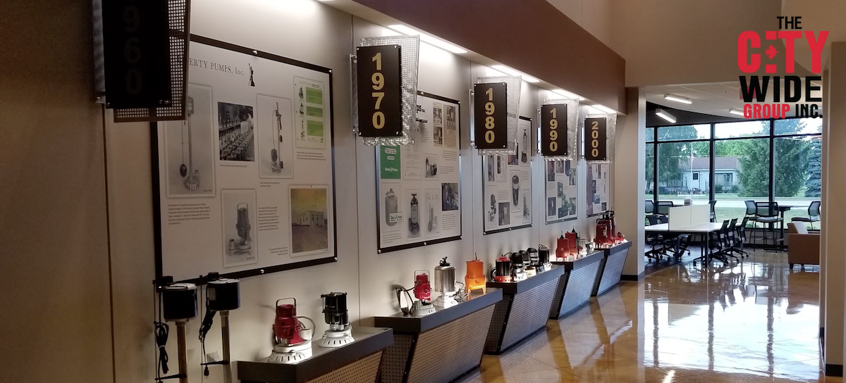 A hallway exhibit showcasing the illuminating history of lanterns, with panels labeled 1970, 1980, 1990, and 2000. Below them are displayed various models on a polished floor. On the right wall, a logo proudly reads City Wide Group Inc, making headlines without words. Waterproofing Company | Basement Leak Repair | City Wide Group | Professional waterproofing company and basement leak repair in Toronto since 1961. | https://www.citywidegroup.com | +1 416-283-5500