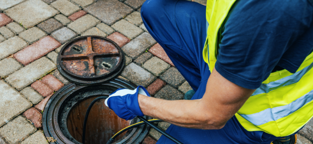 A worker in a neon yellow safety vest and blue gloves is kneeling on a cobblestone surface, using a tool to inspect or clean a round sewer opening with a metal cover. Waterproofing Company | Basement Leak Repair | City Wide Group | Professional waterproofing company and basement leak repair in Toronto since 1961. | https://www.citywidegroup.com | +1 416-283-5500