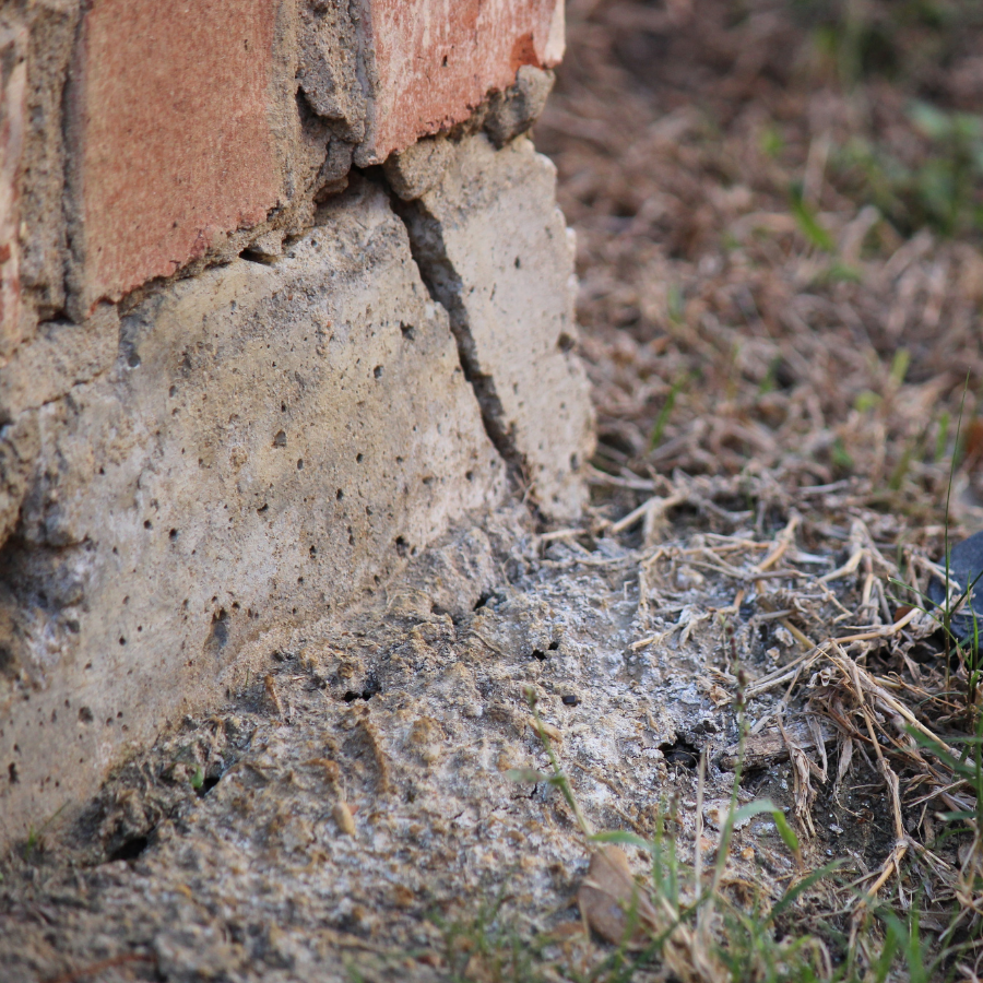 Close-up of a cracked brick and concrete foundation, with visible grass and dirt. The cracks run vertically and horizontally through the base, indicating structural wear or damage. Consider consulting Basement Waterproofing Company City Wide Group for expert solutions. Waterproofing Company | Basement Leak Repair | City Wide Group | Professional waterproofing company and basement leak repair in Toronto since 1961. | https://www.citywidegroup.com | +1 416-283-5500