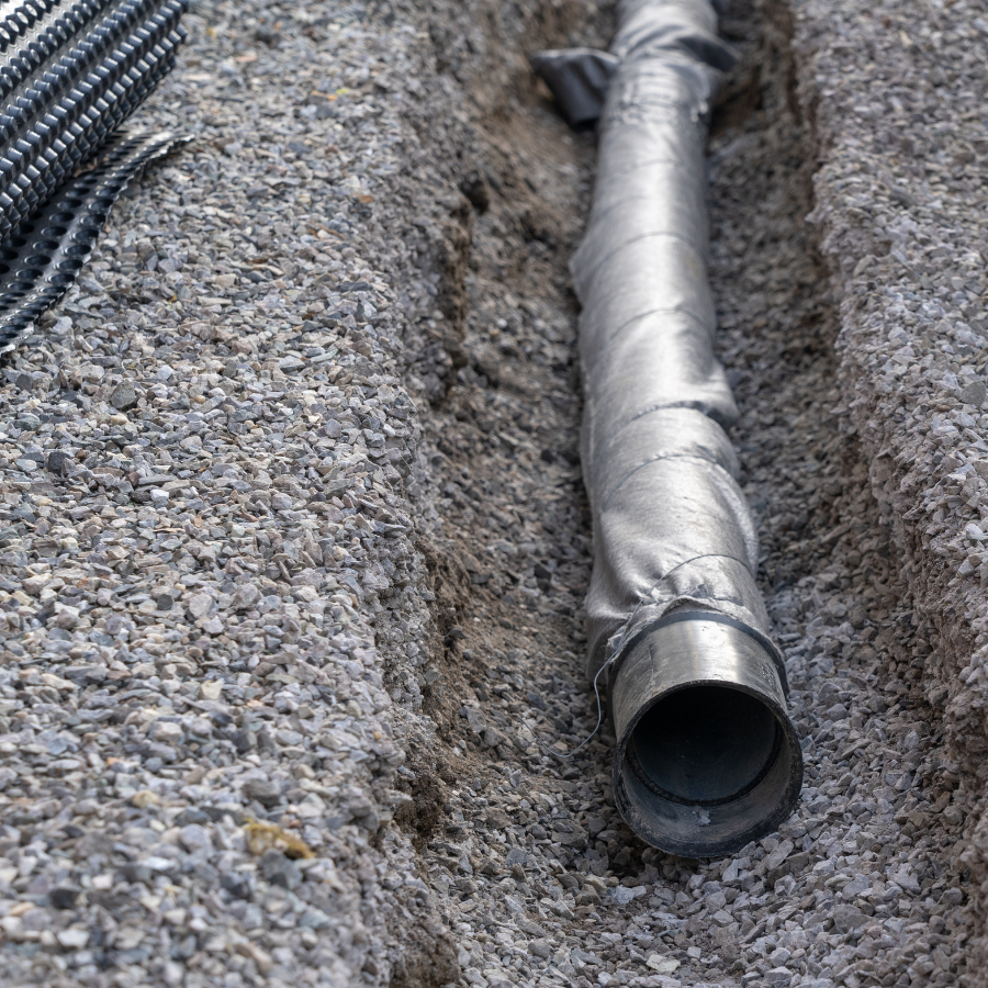 A drainage pipe wrapped in fabric lies in a gravel-filled trench, expertly prepared by City Wide Groups basement waterproofing specialists. A roll of similar fabric-wrapped material is partially visible on the left side of the image, showcasing their commitment to quality. Waterproofing Company | Basement Leak Repair | City Wide Group | Professional waterproofing company and basement leak repair in Toronto since 1961. | https://www.citywidegroup.com | +1 416-283-5500