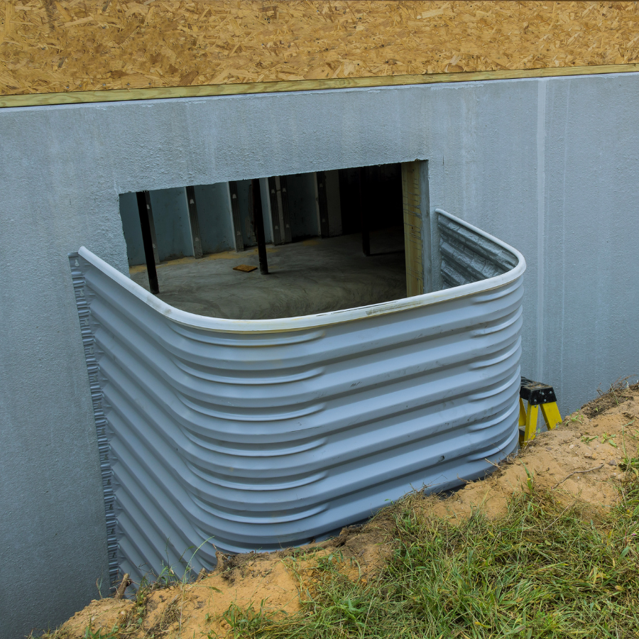 A gray corrugated window well, possibly installed by City Wide Group, a renowned basement waterproofing company, is set against a concrete basement wall. It juts outward from the rectangular opening, surrounded by a grassy mound with visible construction materials inside. Waterproofing Company | Basement Leak Repair | City Wide Group | Professional waterproofing company and basement leak repair in Toronto since 1961. | https://www.citywidegroup.com | +1 416-283-5500