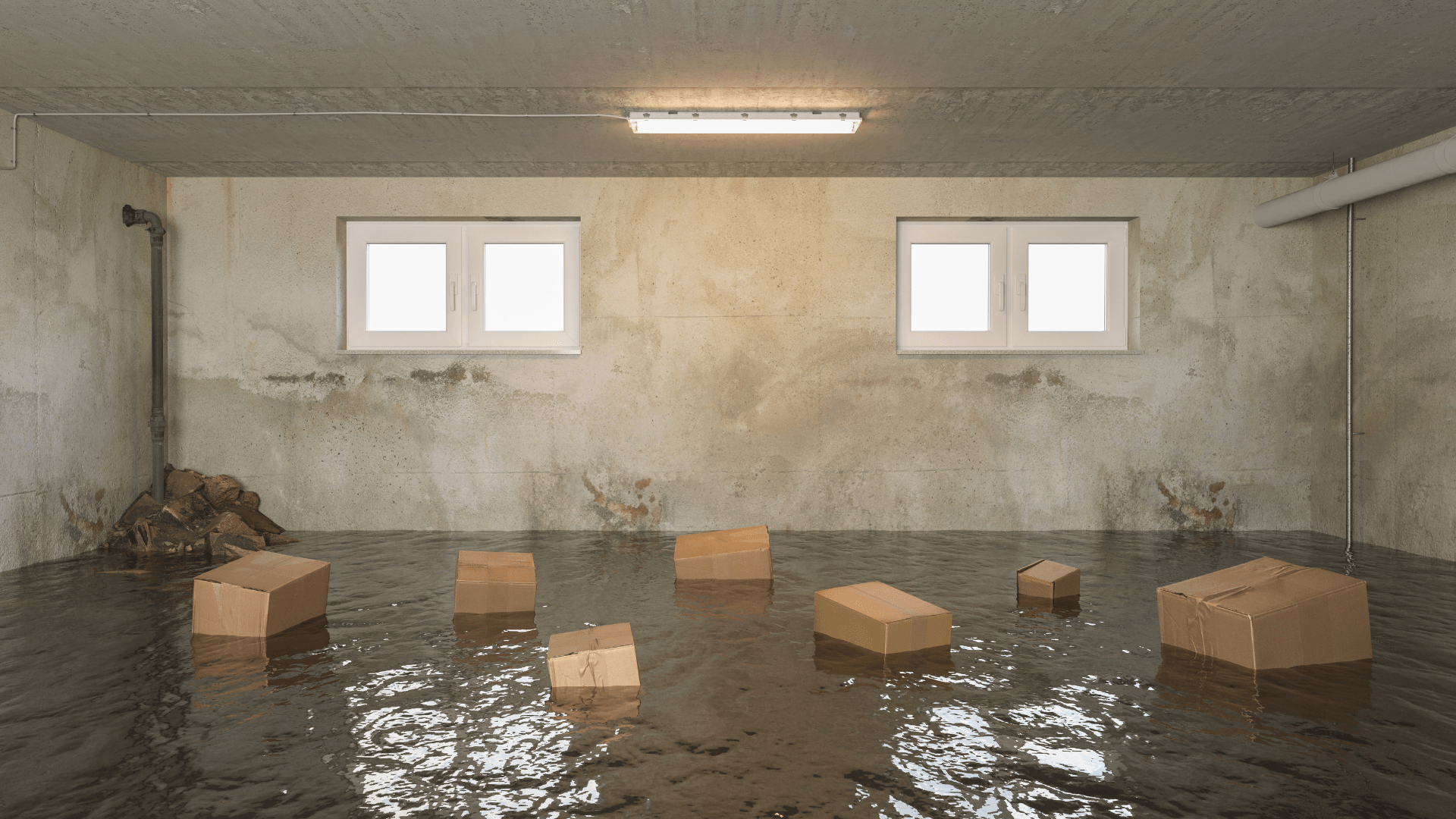 A flooded basement with murky water covering the floor. Several cardboard boxes float in the water. The walls are plain with two small windows near the ceiling. A light fixture is on the ceiling, and pipes are visible. Waterproofing Company | Basement Leak Repair | City Wide Group | Professional waterproofing company and basement leak repair in Toronto since 1961. | https://www.citywidegroup.com | +1 416-283-5500