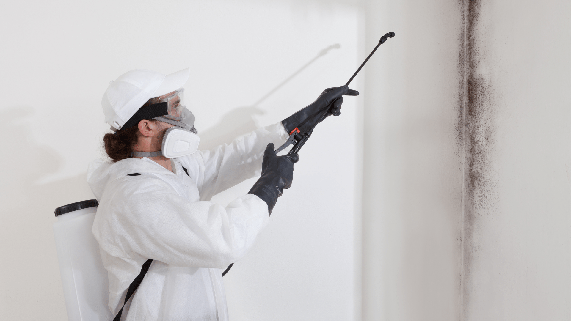 A person wearing protective gear sprays a chemical on a moldy wall for cleaning or removal. They wear a white suit, gloves, mask, cap, and carry a spray tank on their back. Waterproofing Company | Basement Leak Repair | City Wide Group | Professional waterproofing company and basement leak repair in Toronto since 1961. | https://www.citywidegroup.com | +1 416-283-5500