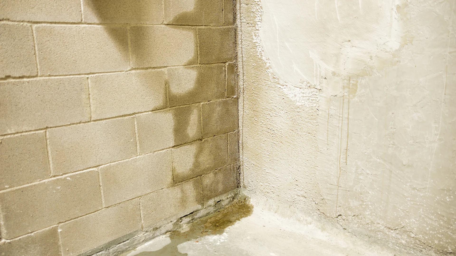 Water coming up through basement floor crack beside a damp concrete wall